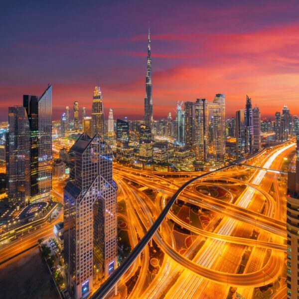 Panorama al tramonto di Dubai, UAE