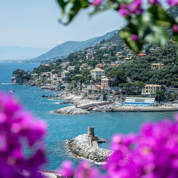Porto di una cittadina ligure con fiori di buganvillea